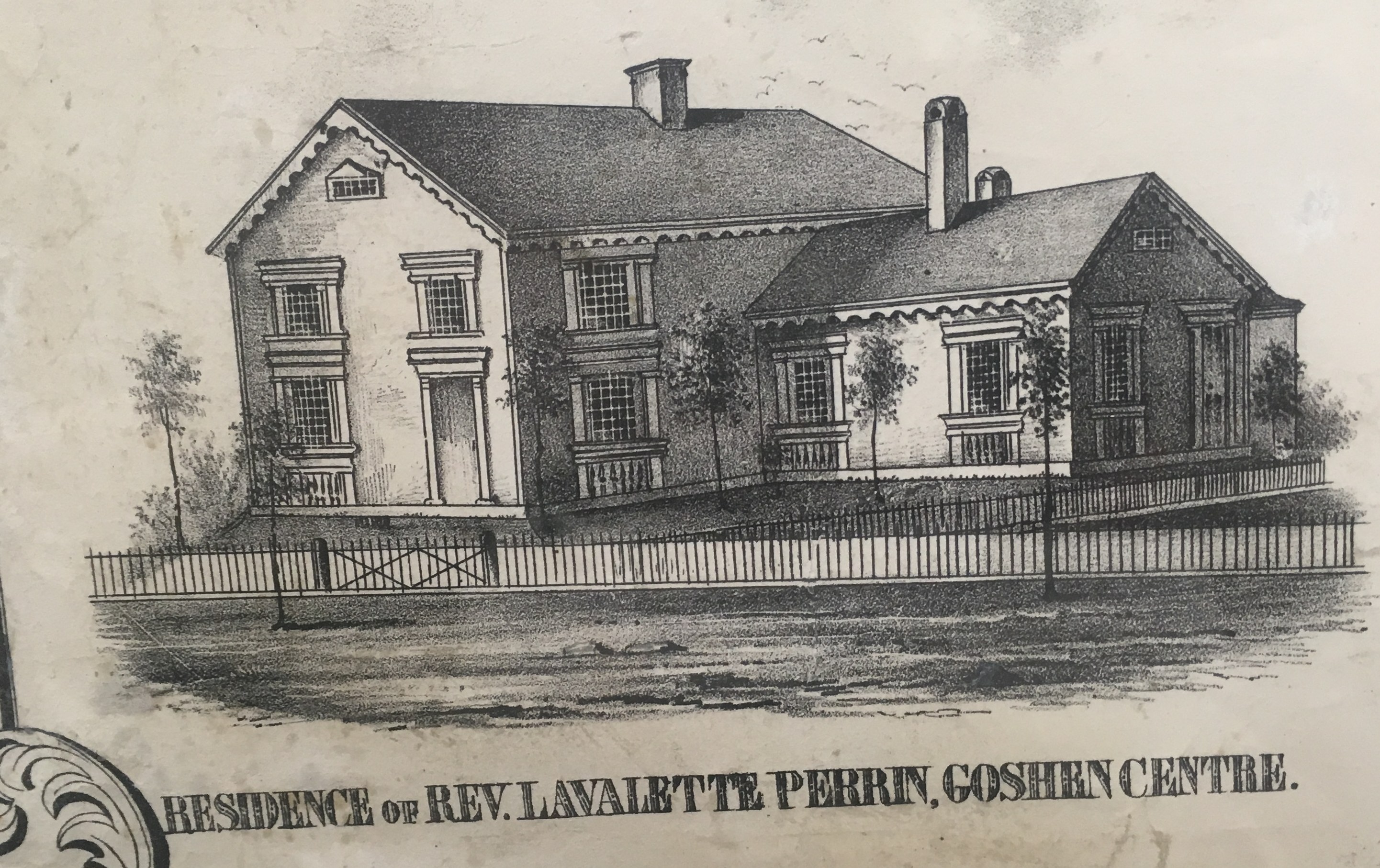 An 1840s lithograph of the Residence of Rev. Lavalette Perrin, Goshen Centre